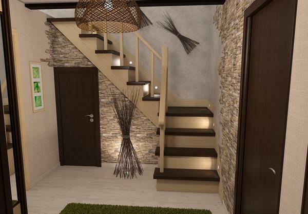 Steny v chodbe v súkromnom dome môžu byť usporiadané pomocou tapety imitujúce tehly alebo prírodný kameň