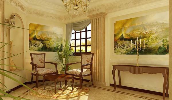 För ett rymligt vardagsrum i en stor lägenhet perfekt fresker föreställande landskap