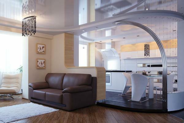 The combination of kitchen and living room will allow to achieve functional expansion of the working space of the room