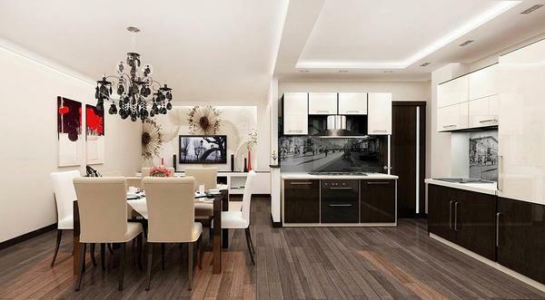 The impressive area of ​​the combined kitchen-living room is an excellent place for bold experiments with the style of the interior