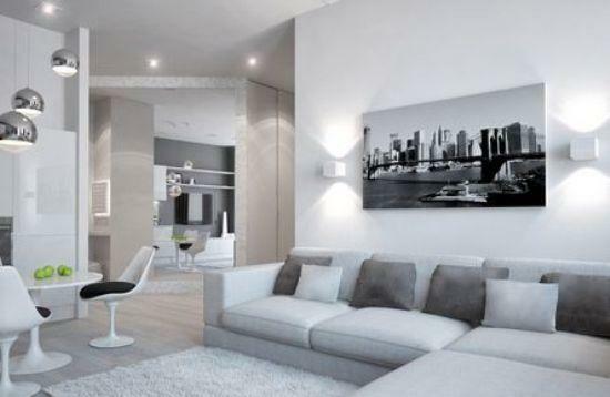 Richtig ausgewählt Interieur in grauer Farbe kann visuell den Raum des Zimmers vergrößert