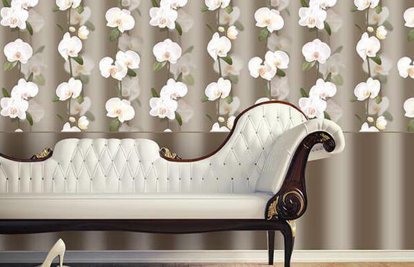 Tapetes ar orhideju Elysium dod interjera siltumu telpā, komforts un romantika