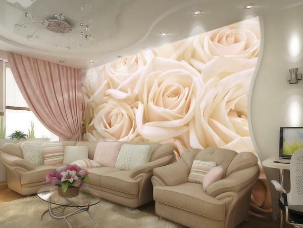 Photo wallpapers with roses on the walls of the living space will create a cozy, romantic atmosphere