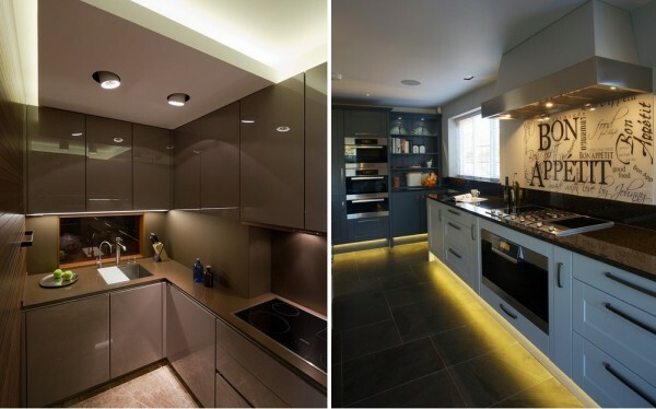 Apgaismojums virtuvē var būt augšas, no sāniem un apakšā. Pēdējais variants ir maz funkcionāla, bet vizuāli padara mēbeles vieglāku