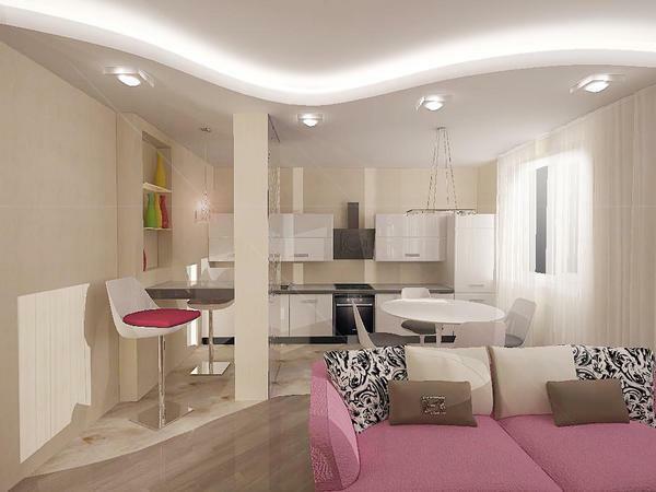 Kai sujungti virtuvę su svetaine, galite padaryti įdomų dizainą bute