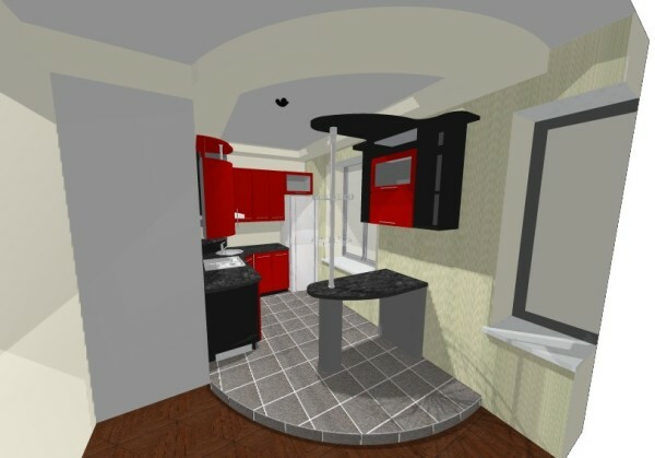 עיצוב של עיצוב מטבח קטן בגודל, בשילוב עם בחדר סמוך