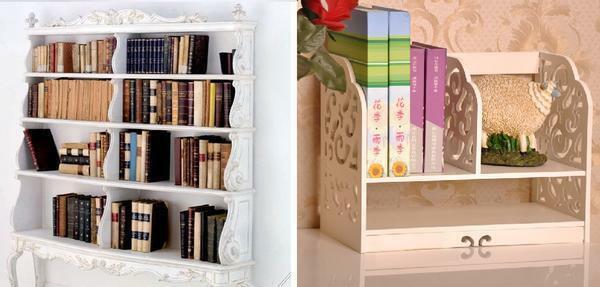 Prateleiras de madeira para livros podem ser organizadas com esculturas artísticas e coberto com um verniz de proteção