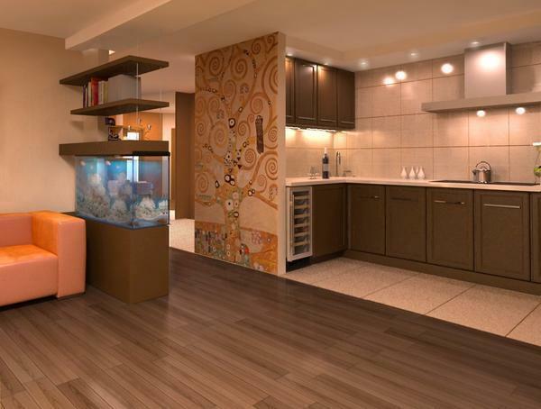 For finishing the floor in the kitchen, bright tiles are suitable, and for the living room area - a laminate for a tree