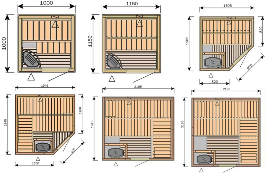Dimensi pemasangan berbagai opsi untuk bilik dengan ukuran dinding dari 1 hingga 2,19 m