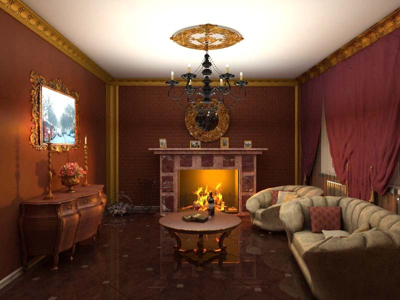 Obývacia izba s krbom dizajnu: interiér s schodisko miestnosti v štýle minimalizmu