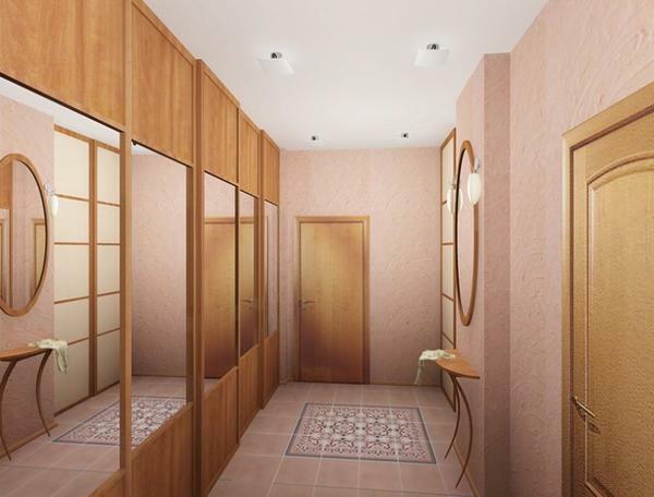 The furniture is a hallway in a long narrow corridor: a photo of the design in the apartment, the longest renovation, ideas for three rooms