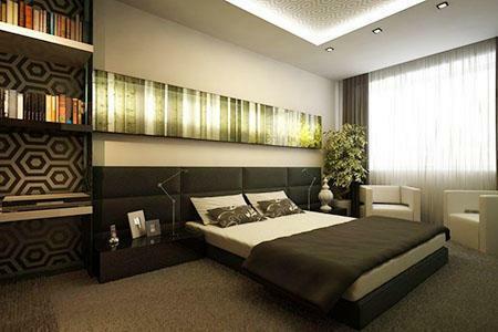 In the interior of a modern bedroom, often used modern technology inventions, such as neon lights on the ceiling