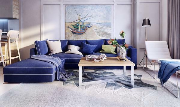 If you need to visually expand the space of the room, then you should decorate the living room in blue tones