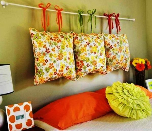 Pillows as wall decorations.
