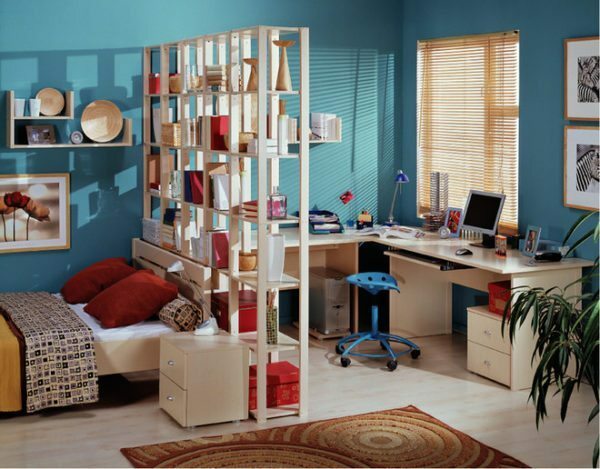 Convenient split the room into sleeping and working areas by means of a rack-partition