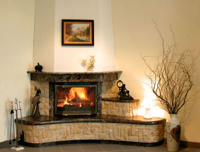 Interior living room with a corner fireplace