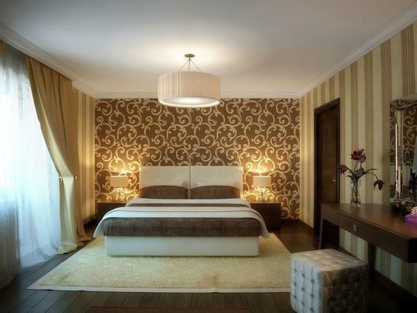 In the interior of the bedroom, the striped wallpaper and wall material with floristic ornaments