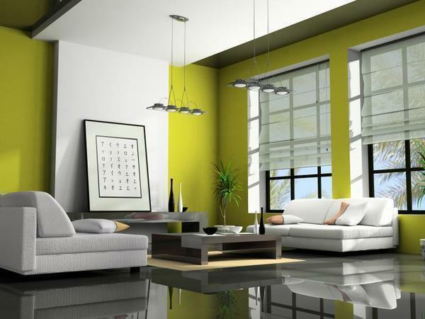 Green elutuba interjööri Foto: tooni ja värvi ruumis, paigutus ja disain, ere korter, stiili hall seinad