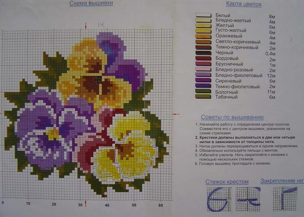 Schemes for embroidery Pansies may differ in complexity and size
