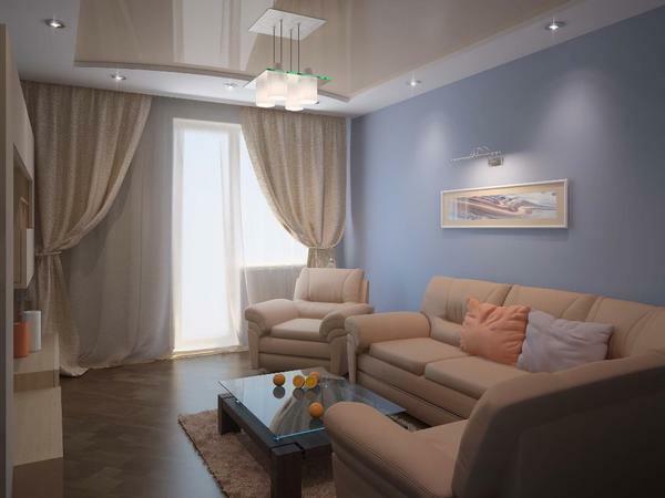 In the interior of the living room of a small size, the glossy suspended ceiling will perfectly fit in