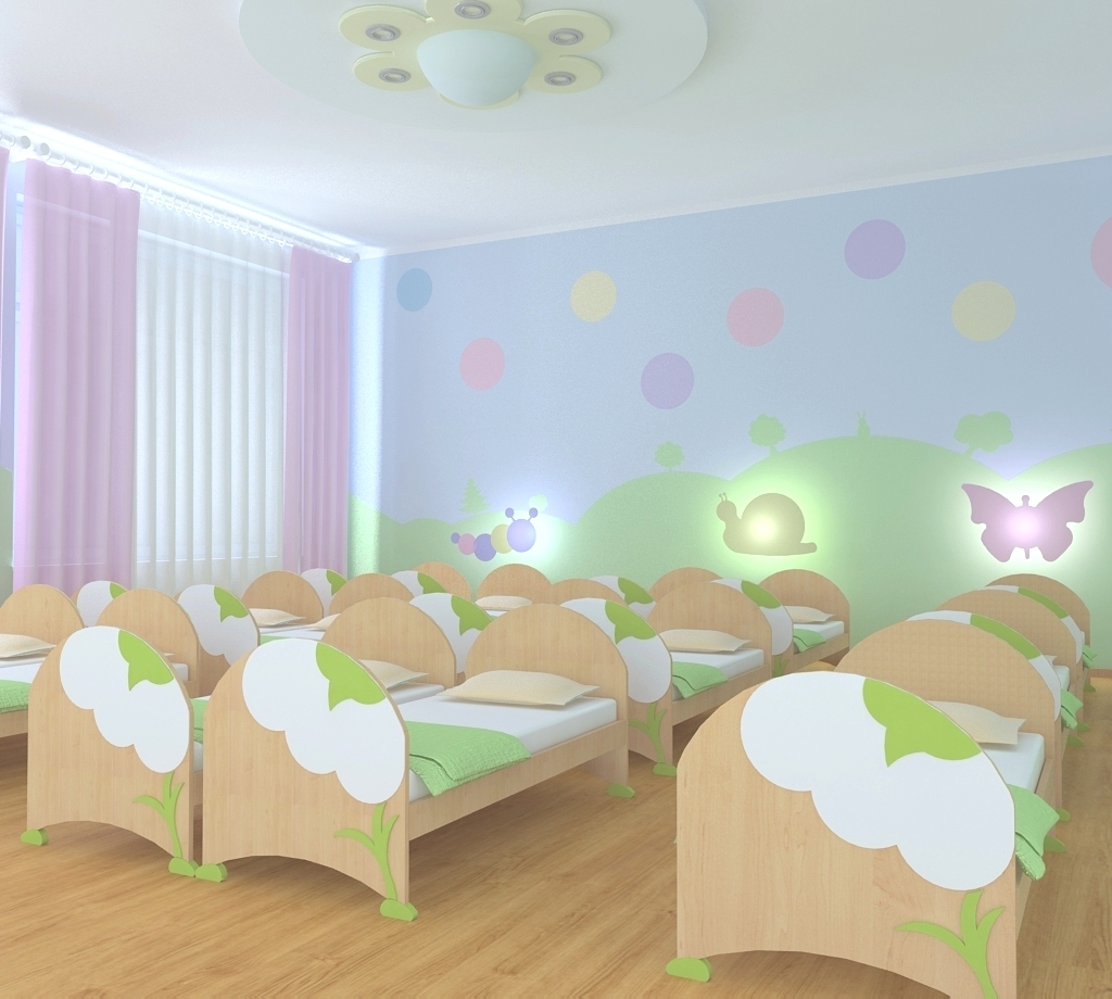 Kindergarten Design: Interior of a bedroom, dressing room, use curtains