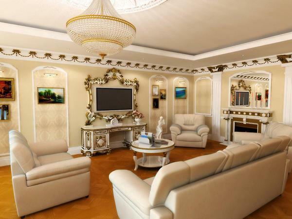 Interior of the living room in a classical style: design and beautiful photos, a hall in an apartment or house, a small porcelain tile