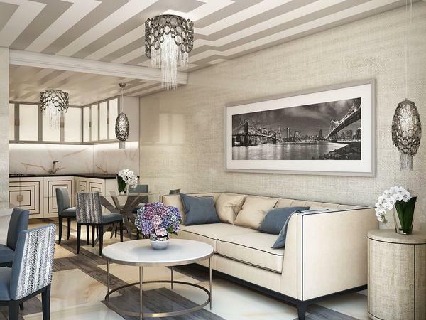 Corner nappali: szép szoba, egy fénykép, derékszögű design a lakás, mini-változat a polcok, a fal és formák