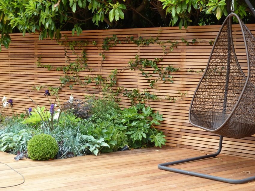 Stylish wooden fence decorated with creepers