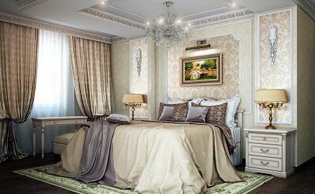 The bedroom in the classical style is particularly luxurious due to the beautiful furniture, volumetric chandelier and paintings with a wide frame