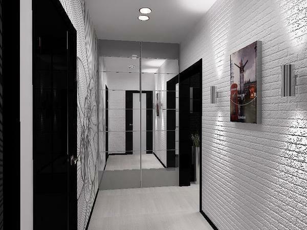 Ieejas halle melnā un baltā stilā - viens no vienkāršākajiem iespējas koridora dizains