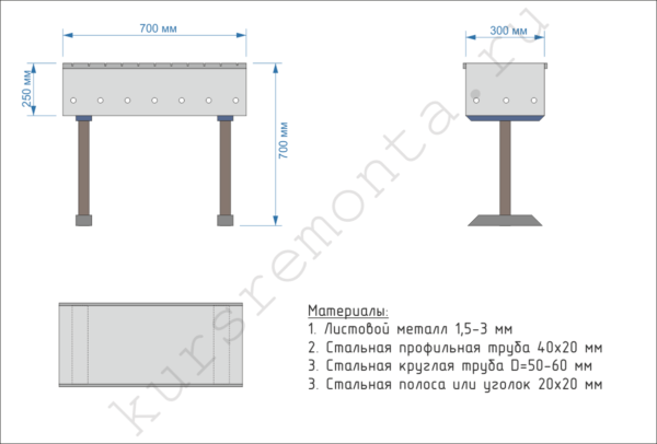 Assembly drawing and recommended dimensions for manufacturing a portable barbecue.