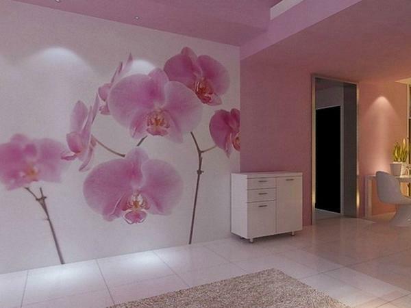 In a large room, a delicate flower on a thin stem, an orchid, will look beautiful and original on the wallpaper
