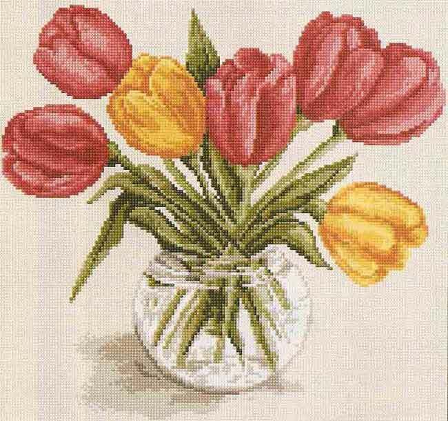 Cross-stitch embroidery of tulips: cross-stitch scheme for free, bouquet of red on black