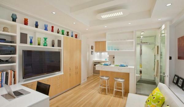 die Küche und Wohnzimmer kombiniert, ist eine gute Option für kleine Wohnungen, jedoch und Nachteile solcher Lösungen sind ebenfalls erhältlich