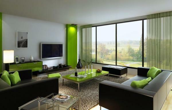 Eine große Lösung ist das Wohnzimmer in grüner Farbe zu entwerfen, die mit schwarzen Farbtönen organisch kombiniert wird