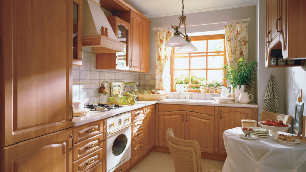 Design a small corner kitchen in classical style.