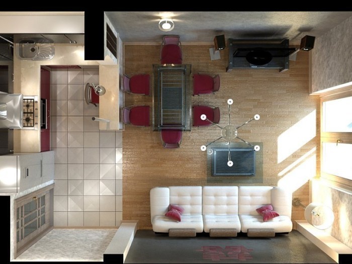 Dapur ruang tamu dari 20 meter persegi: desain ruang