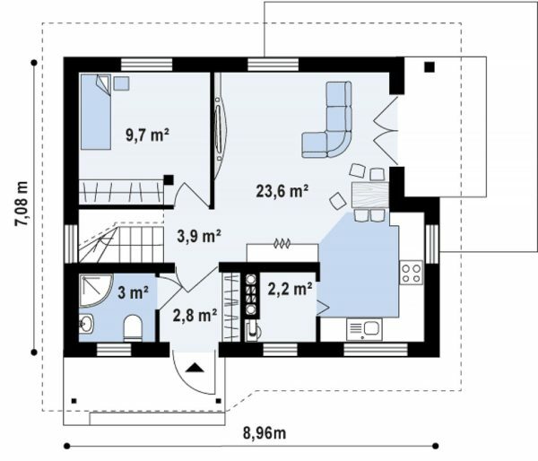 Layout al piano terra del progetto «Z71» comprende una sala soggiorno, bagno e la ricreazione