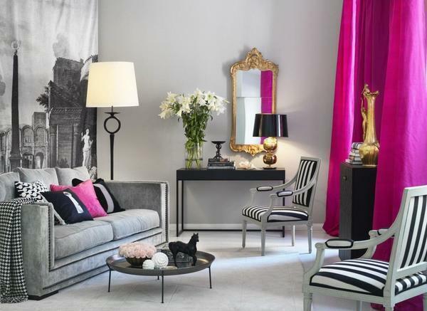 Curtains of white, black and pink shades are suitable for gray wallpapers