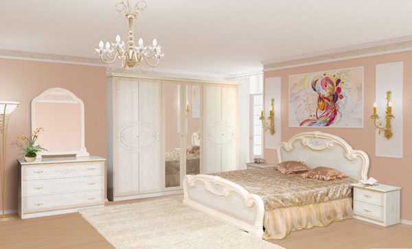Baltųjų derinys su aukso interjero miegamasis klasikinio stiliaus atrodo labai elegantiškas ir prabangus
