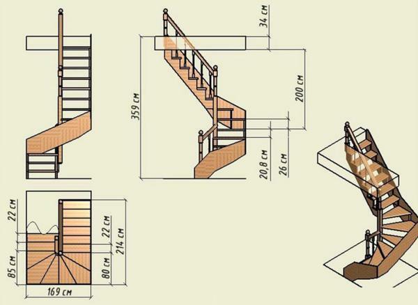 Before the construction of a spiral staircase, you should draw up a drawing on paper, indicating the dimensions of all elements