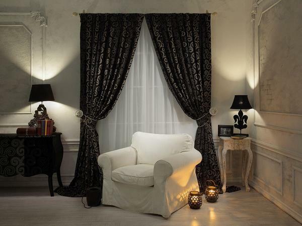 An excellent solution is to purchase black curtains with golden color patterns
