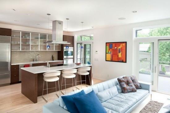 Wohnzimmer und Küche können erfolgreich in einen einzigen Raum kombiniert werden, die Hauptsache - zu einem bestimmten Stil zu halten