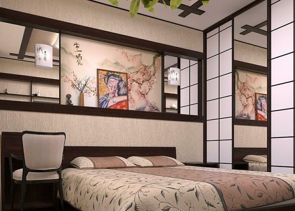 Kot okras za spalnico japonskem slogu tematske slike so idealni in poslikane ventilatorji