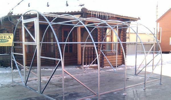 The elements of the frame of the greenhouse can be fastened together by means of special fixing elements or by welding