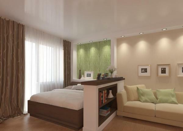 Guļamzona studio tipa dzīvoklis, var izvēlēties citu krāsu fona, kas tiks apvienots ar pamata toni sienām
