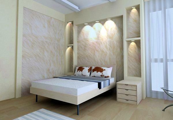 Plauktiem reģipsis guļamistabā Foto: nišu, apdares dizainu, kas var izdarīt