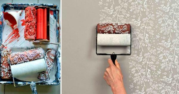 When painting walls with liquid wallpaper, you can use special rollers with patterns
