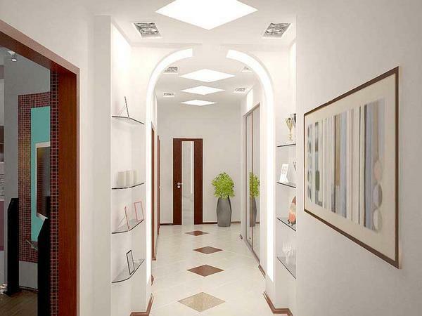 Equipar projeto de corredores estreitos, corredores, pense sobre com antecedência que tipo de mobiliário, iluminação e cor que você escolher