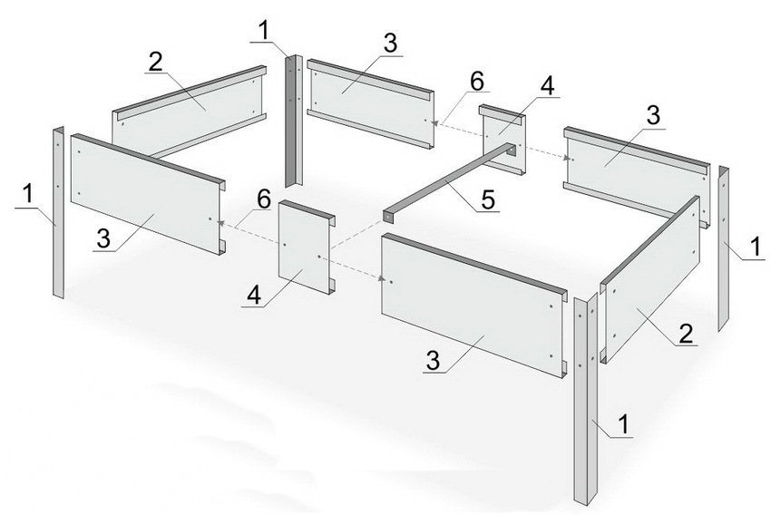Grandinė surinkimas lovų: 1-2 Plotas - kryžmine 3 - išilginis elementas 4 - jungiamasis profilis 5 - 6 lygintuvą - jungianti elementas, o išilginio profiliai lygintuvą